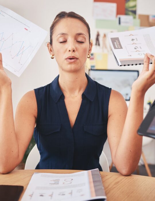 Business woman, employee and worker doing meditation for peace, doing wellness yoga to relax stress