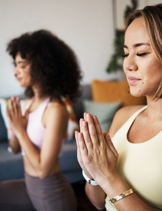Women, fitness friends and meditation with namaste or prayer hands, mindfulness, wellness and peace